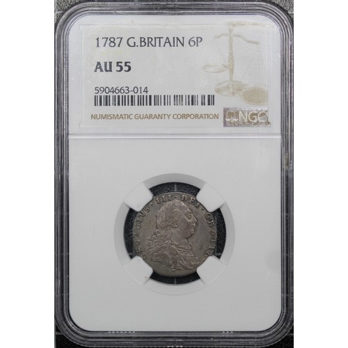 43 - 1787 Sixpence, NGC AU55, no semée of hearts, George III. Some weakness to reverse legends. VF, bette... 