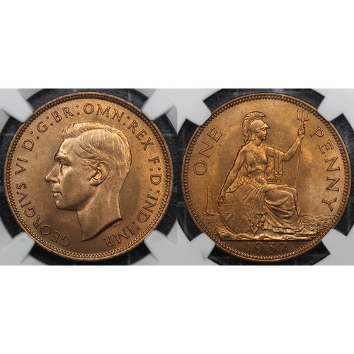 27 - 1937 Penny, NGC MS65RD. George VI. A delightful red, lustrous example. [Freeman 217 (Dies 1+A), Peck... 