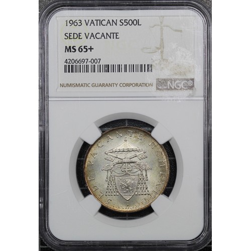 323 - Vatican City 1963 silver 500 Lire, NGC MS65+. Struck during the time of Sede Vacante following the p... 