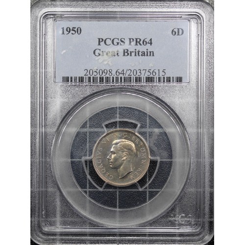 46 - 1950 Proof sixpence, PCGS PR64, George VI. Streaky obverse toning carried through in part to the rev... 