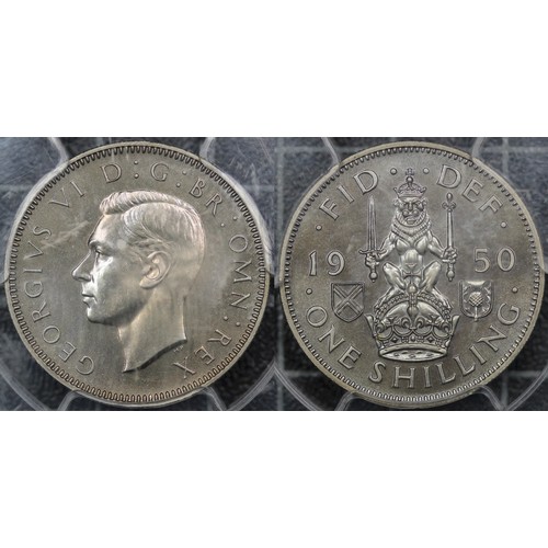 55 - 1950 Proof shilling, PCGS PR65, George VI. Scottish reverse. Uneven obverse toning and occasional co... 