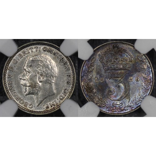 36 - 1926 Threepence, NGC AU58. George V, modified effigy. Uneven reverse toning, trace lustre throughout... 