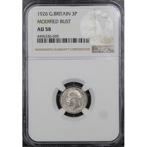 36 - 1926 Threepence, NGC AU58. George V, modified effigy. Uneven reverse toning, trace lustre throughout... 
