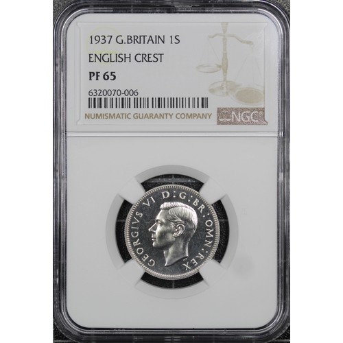 54 - 1937 Proof shilling, NGC PF65, George VI. English reverse. Bright, much as struck with only minimal ... 