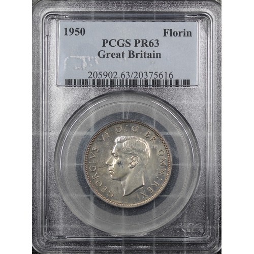 60 - 1950 Proof Florin, PCGS PR63, George VI. A few marks to the obverse cheek and the fields slightly ha... 