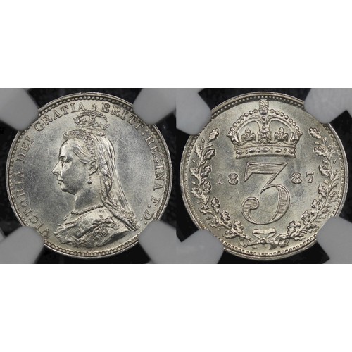 35 - 1887 Threepence, NGC MS63, Victoria. Obv. jubilee head, Rev. crowned denomination dividing date. Sha... 