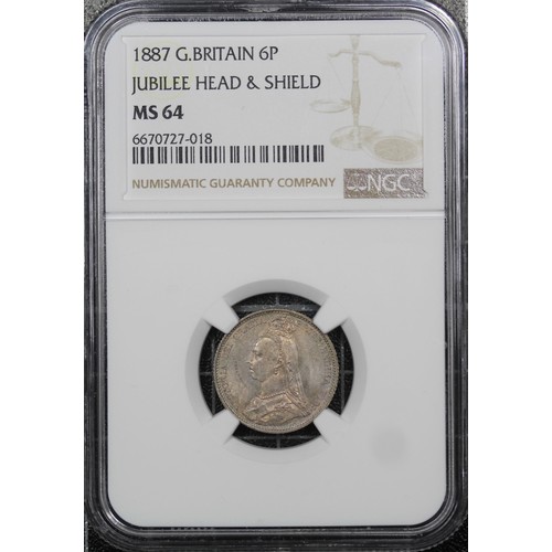 44 - 1887 Sixpence, NGC MS64, Victoria. Obv. jubilee head, Rev. crowned shield with garter legend surroun... 