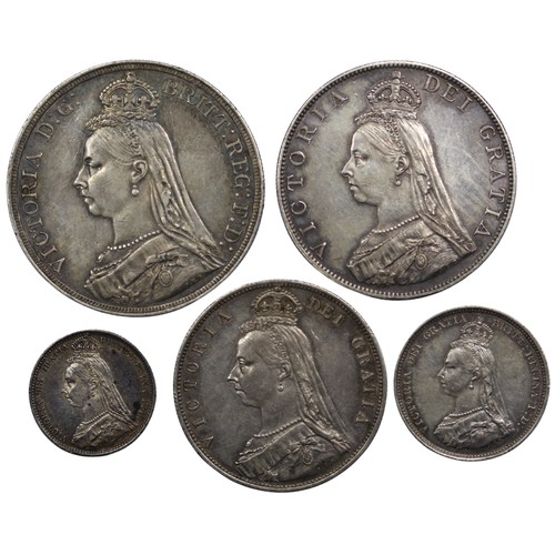 72 - Coins of 1887, Victoria jubilee head, comprising crown, double florin (Arabic date), half crown, shi... 