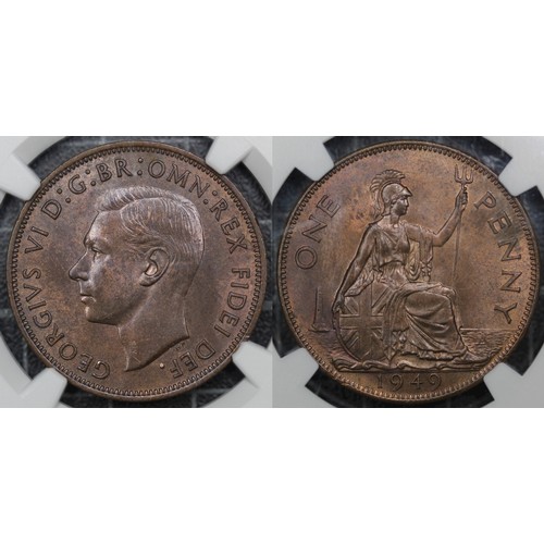 29 - 1949 Penny, NGC MS64BN, George VI. An attractive example with mottled toning and underlying mint col... 
