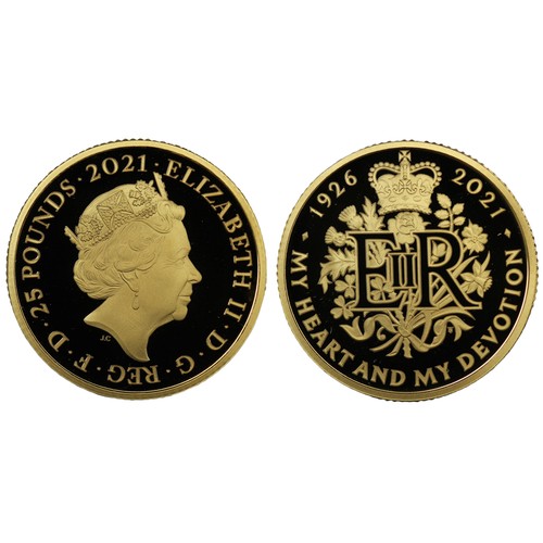 196 - 2021 ¼oz gold proof £25 commemorating the 95th Birthday of Queen Elizabeth II. Obverse portrait by J... 