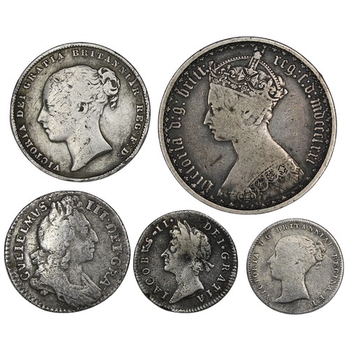 63 - A small assortment of pre-decimal silver including 1686 threepence, 1841 groat, 1696 sixpence, 1859 ... 