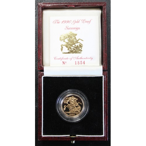 139 - 1990 Proof sovereign, Elizabeth II. A few trivial marks below bust. Obverse portrait by Raphael Makl... 