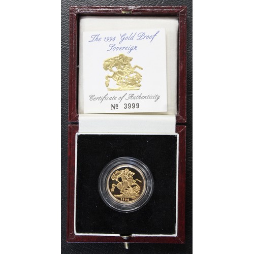 143 - 1994 Proof sovereign, Elizabeth II. Obverse faint surface hairlines. Obverse portrait by Raphael Mak... 