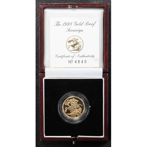 147 - 1998 Proof sovereign, Elizabeth II. Noted spot at rear of horse. Obverse portrait by Ian Rank-Broadl... 