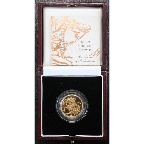 148 - 1999 Proof sovereign, Elizabeth II. Multiple surface marks and signs of handling. Obverse portrait b... 