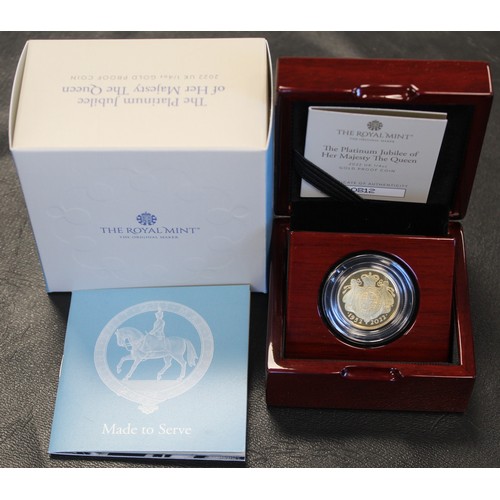 197 - 2022 Gold proof ¼oz Platinum Jubilee £25 coin, Elizabeth II. Struck in celebration of Queen Elizabet... 