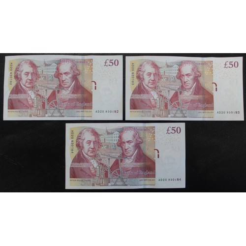 8 - A set of 3 consecutive serial number Boulton & Watt £50 notes (AD20 930182-184). aEF, some light... 
