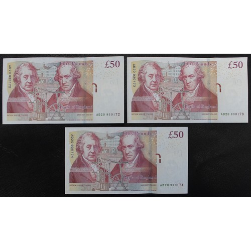 9 - A set of 3 consecutive serial number Boulton & Watt £50 notes (AD20 930172-174). aEF, some light... 