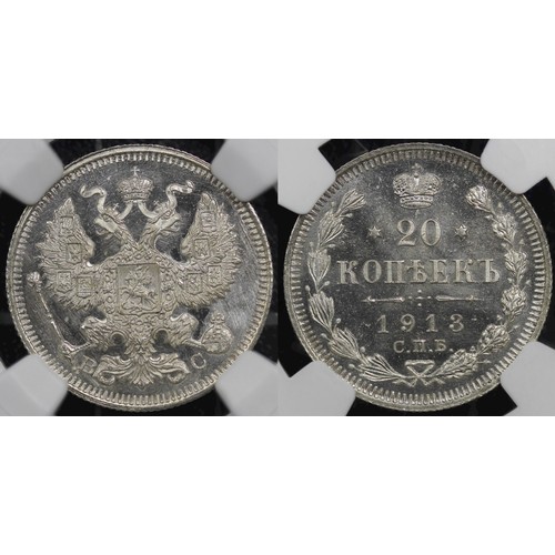 321 - Russia 1913 20 Kopek NGC MS66. A beautiful example with cameo-like appearance, reflective fields and... 