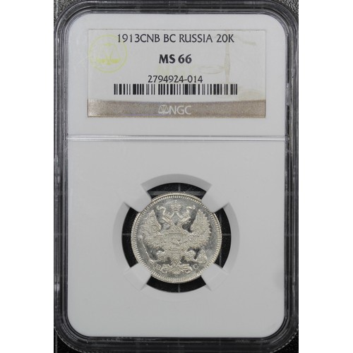 321 - Russia 1913 20 Kopek NGC MS66. A beautiful example with cameo-like appearance, reflective fields and... 