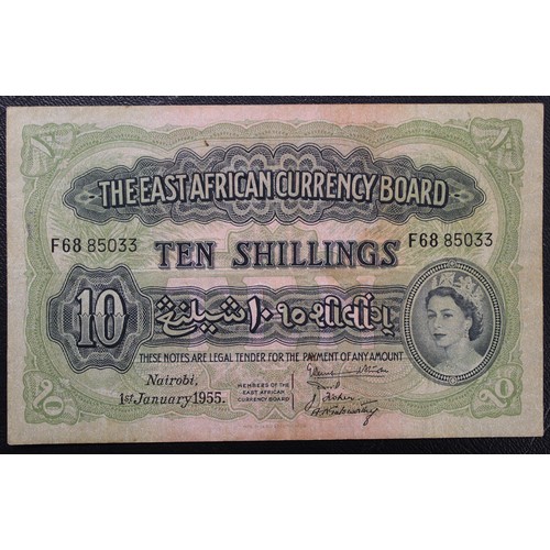 6 - The East Africa Currency Board, 1955 10 Shillings. Elizabeth II. VF, stained & folded now straig... 