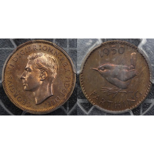 16 - 1950 Proof farthing, PCGS PR64RB. George VI. Unevenly toned, the reverse streaky. [Freeman 655, Peck... 