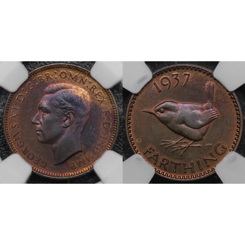 15 - 1937 Proof farthing, NGC PF65RB. George VI. Streaky tone with hues of purple to the obverse. [Freema... 
