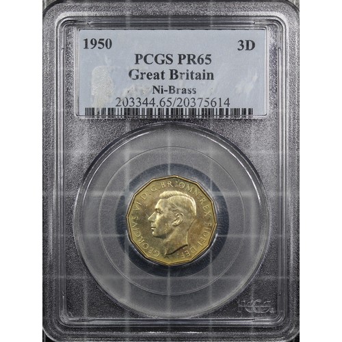 33 - 1950 Proof threepence, PCGS PR65. George VI. A few trivial surface marks otherwise vibrant with cart... 