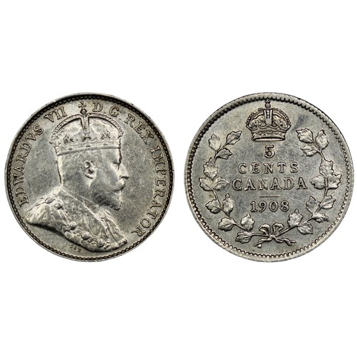 314 - Canada, 1908 5 Cents, Edward VII. Small 8, + to top of crown. Cleaned otherwise gVF or better. [KM# ... 