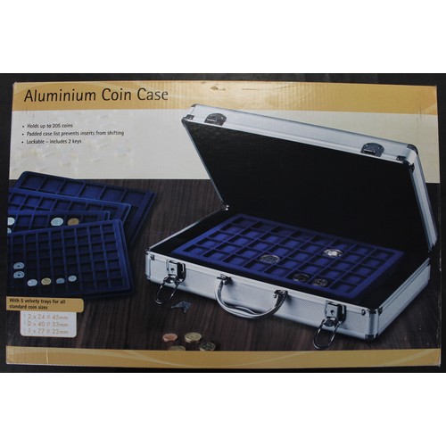 325 - A lockable aluminium coin case with 5 trays and storage for up to 205 coins. Brand new in box.