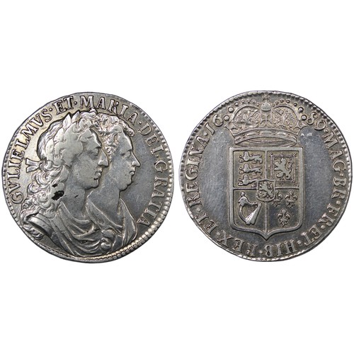 80 - 1689 Halfcrown, William & Mary. Edge PRIMO. First bust, first shield. Caul frosted with pearls. ... 