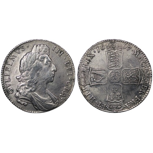 82 - 1697 Halfcrown, William III. Edge NONO. First bust, large shield and late harp. 9 strings to harp wi... 