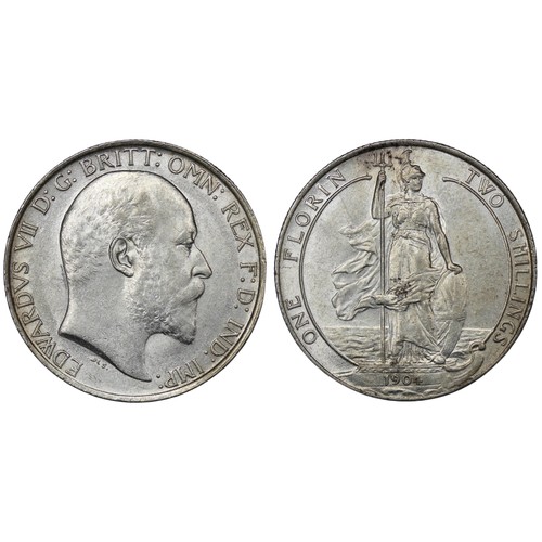 75 - 1904 Florin, Edward VII. Obv. Bare head facing right, Rev. Britannia standing on ship's bow. Soft un... 