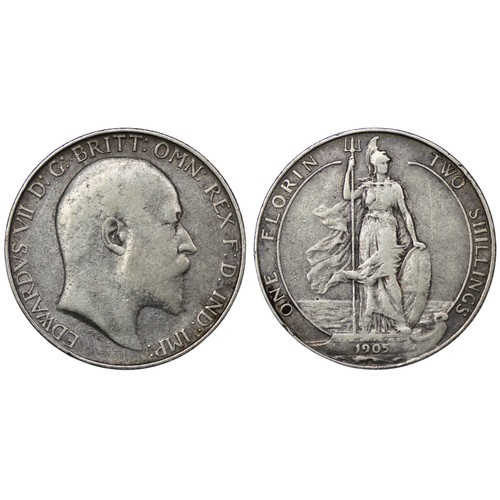 76 - 1905 Florin, Edward VII. Obv. Bare head facing right, Rev. Britannia standing on ship's bow.  The ke... 