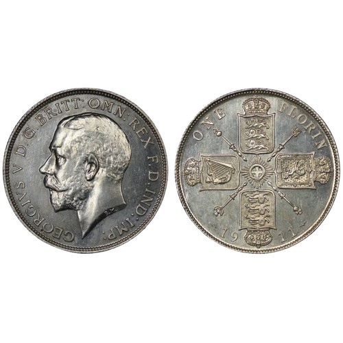 78 - 1911 Proof Florin, George V. Obv. bare head facing left, Rev. crowned cruciform shields with sceptre... 