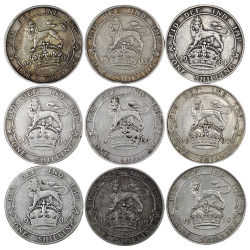 62 - Edward VII shilling date run, 1902-1910. Includes key date 1905 with all coins nFine to Fine on aver... 