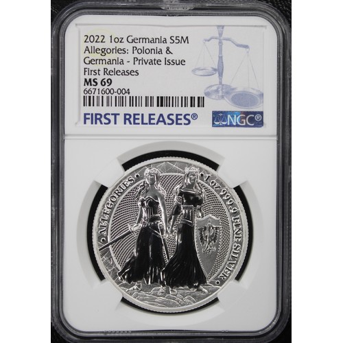 299 - Germania Mint 2022 silver 5 Marks, NGC MS69. A private issue struck in 1oz fine silver by the German... 