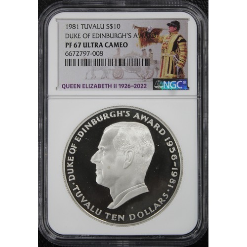 304 - Tuvalu 1981 Silver proof $10, NGC PF67 Ultra Cameo. Struck to commemorate the 25th Anniversary of th... 