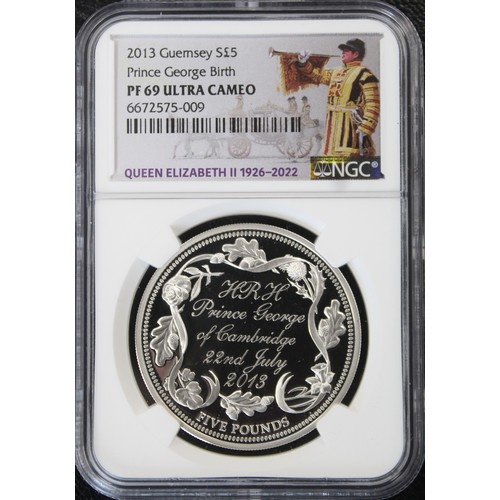 298 - Guernsey 2013 Silver proof £5, SOLO TOP POP NGC PF69 Ultra Cameo. Struck to commemorate the Birth of... 