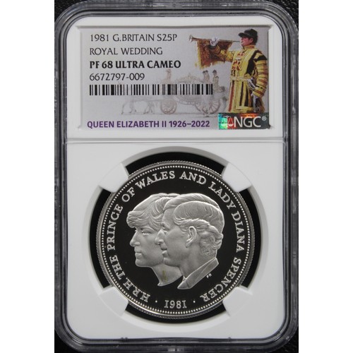 261 - NGC PF68 Ultra Cameo 1981 Silver proof crown, Elizabeth II. Commemorating the wedding of the then Pr... 