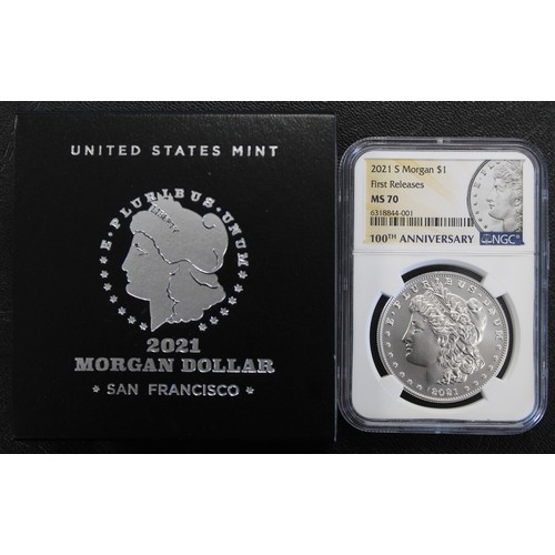 307 - USA 2021-S Morgan $1, Joint Top-Pop NGC MS70. Struck to celebrate the 100th Anniversary of the first... 