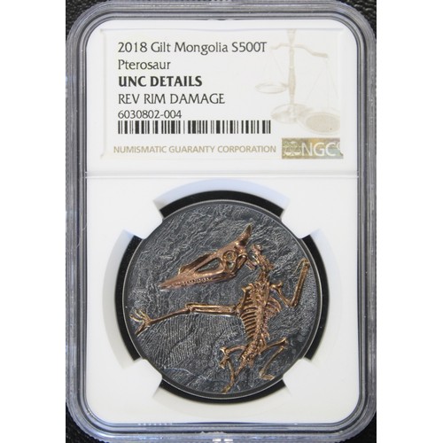 302 - Mongolia 2018 silver 500 Togrog. In an NGC holder designated Details - Rim Damage, somewhat harshly ... 