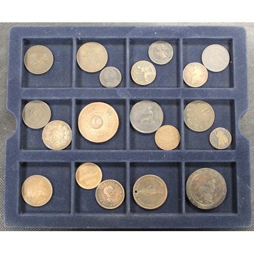 312 - A mixed tray of world copper coin (19) to include Wood's halfpennies (2), Bikanir ¼ anna, 187... 