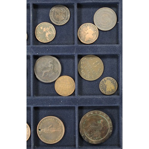 312 - A mixed tray of world copper coin (19) to include Wood's halfpennies (2), Bikanir ¼ anna, 187... 