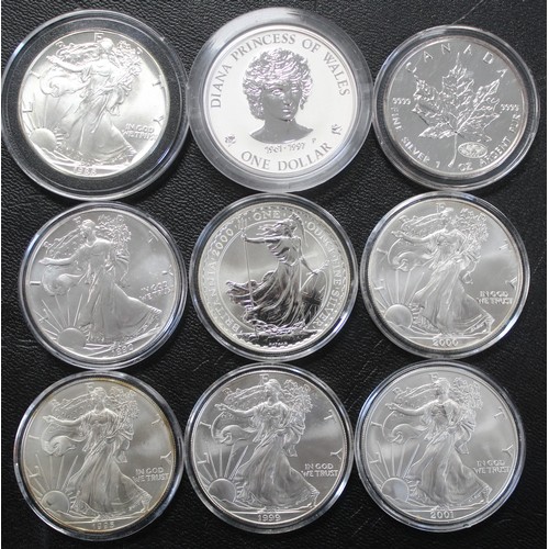 309 - World 1oz fine silver coins (9) including USA Eagles (6), 2000 Britannia, 2000 Maple with millennium... 