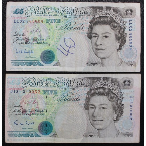 8 - £5 banknotes (15) including one replacement issue and a guillotine cut error. Generally circulated, ... 