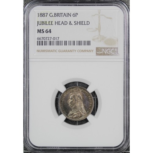 52 - 1887 Sixpence, NGC MS64, Victoria. Obv. jubilee head, Rev. crowned shield with garter legend surroun... 