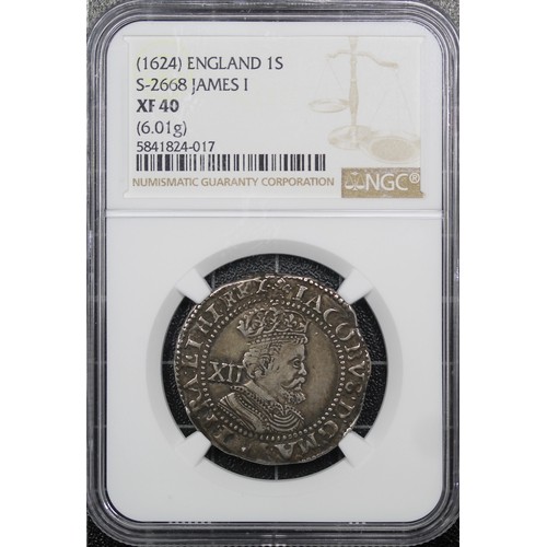 13 - James I (1603-1625) shilling NGC XF40. MM. trefoil, 1624. Third bust with beard cut square. nVF/VF. ... 