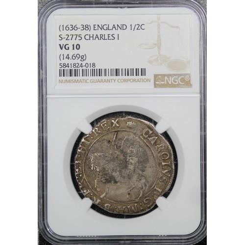 14 - Charles I (1625-1649) halfcrown, NGC VG10. MM. tun, c.1636-1638. Group III, type 3a2 with no inner c... 