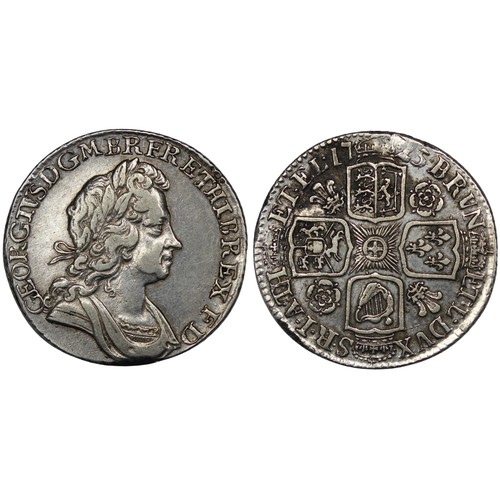 69 - 1725 Shilling, George I. Second bust, roses & plumes on reverse. 6 strings in harp, 6 hearts in ... 